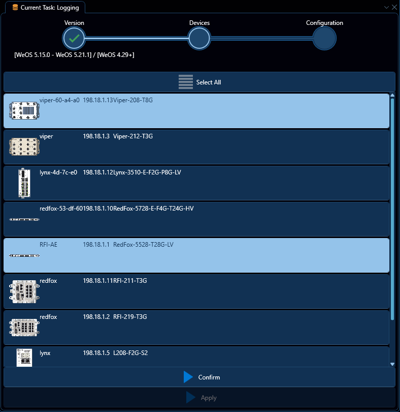 Depicted is an overview of the WeConfig logging devices tab