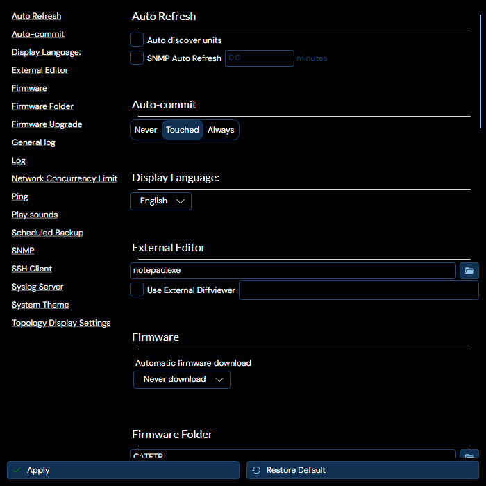 Settings interface