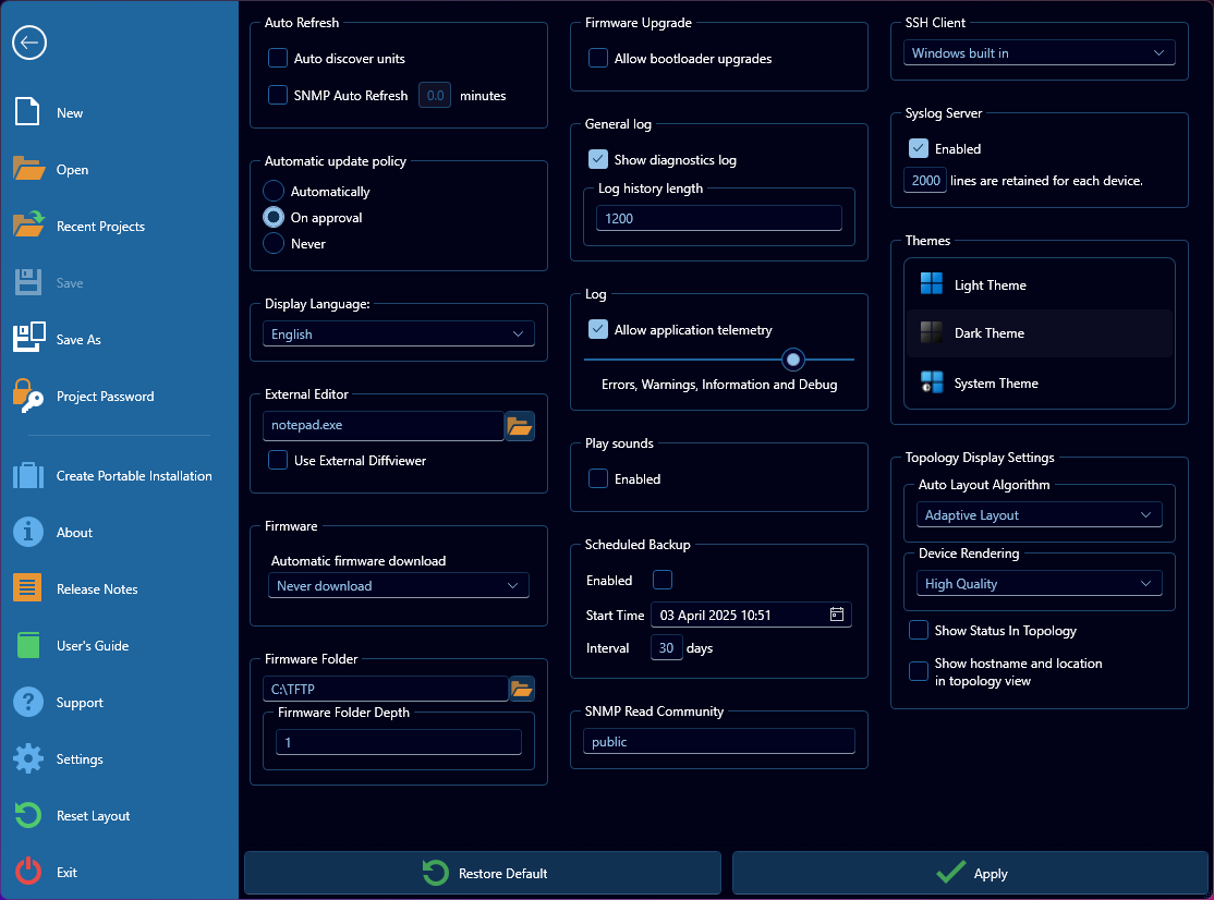Settings interface