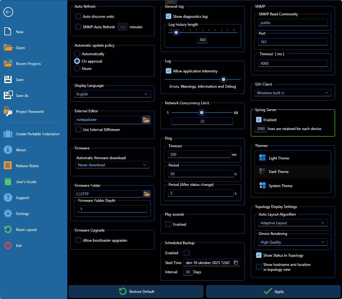 Settings interface