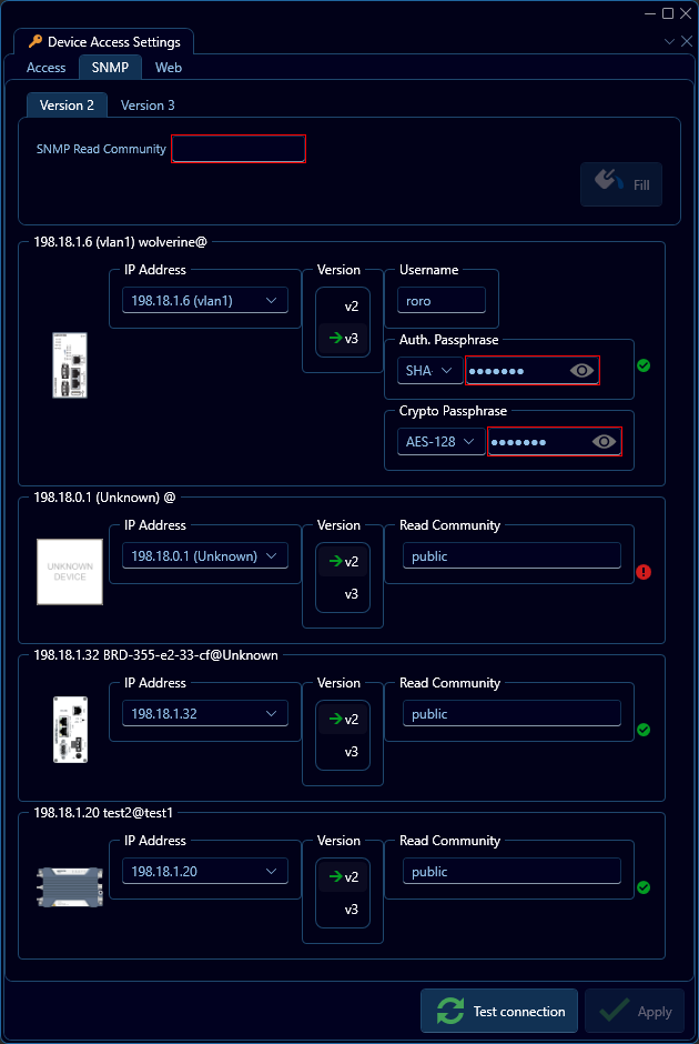 Depicted is the device access SNMP settings