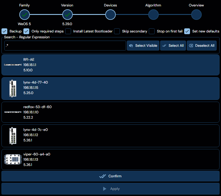 Depicted is an overview of the WeConfig firmware devices tab