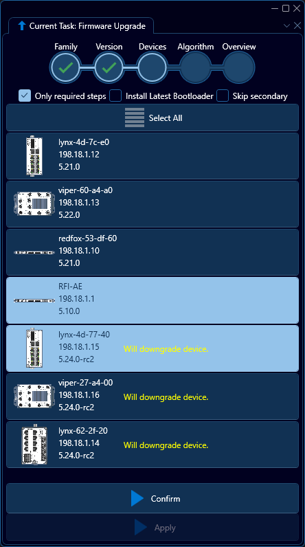 Depicted is an overview of the WeConfig firmware devices tab