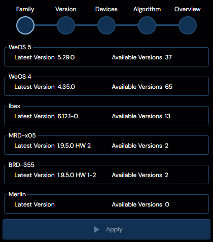 Depicted is an overview of the WeConfig firmware family tab