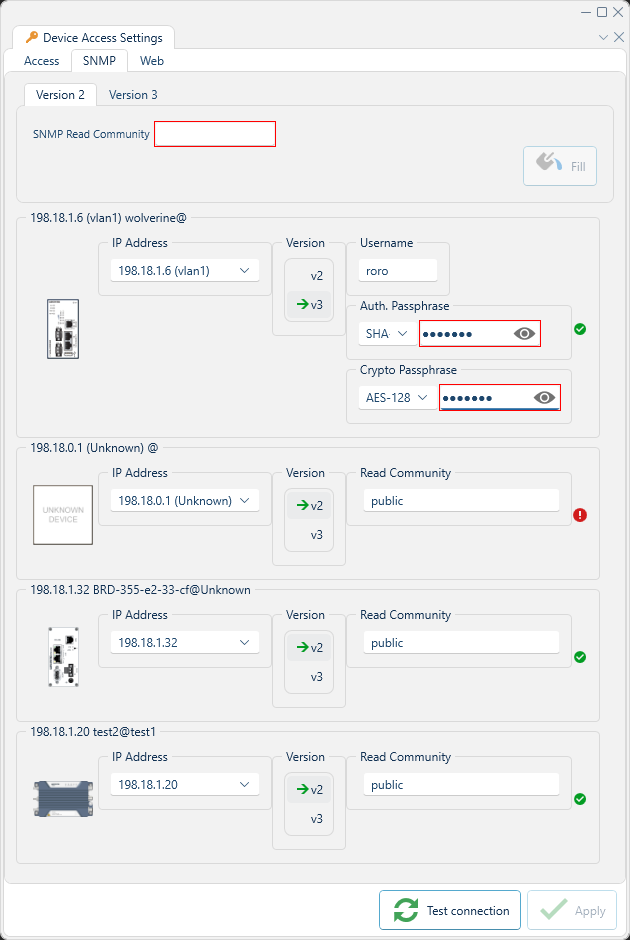 Depicted is the device access SNMP settings