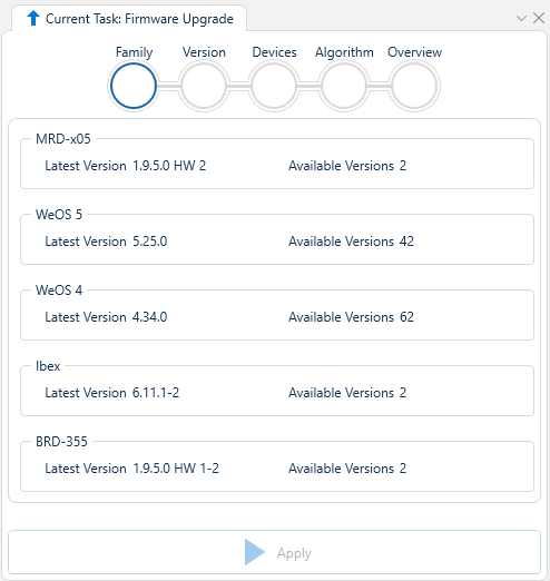 Depicted is an overview of the WeConfig firmware family tab
