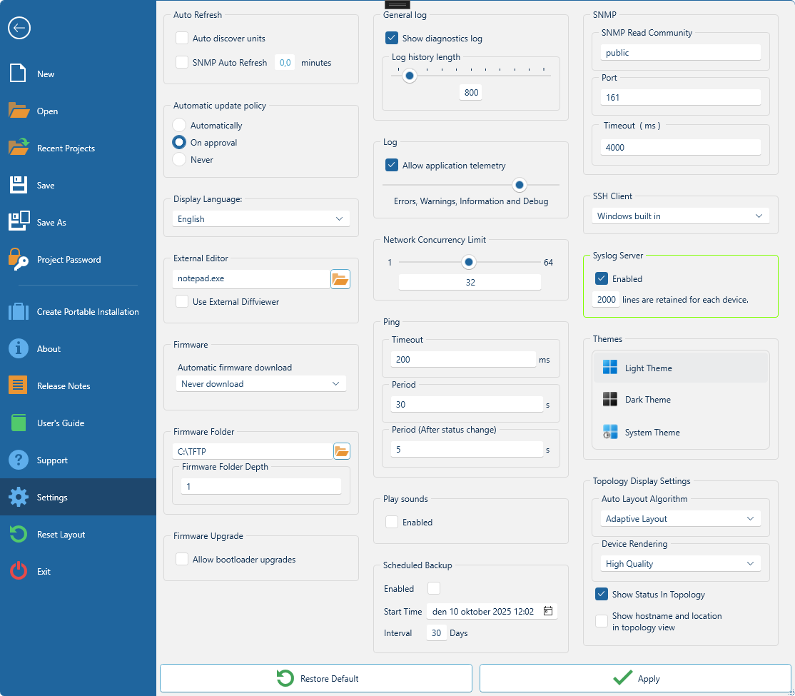 Settings interface