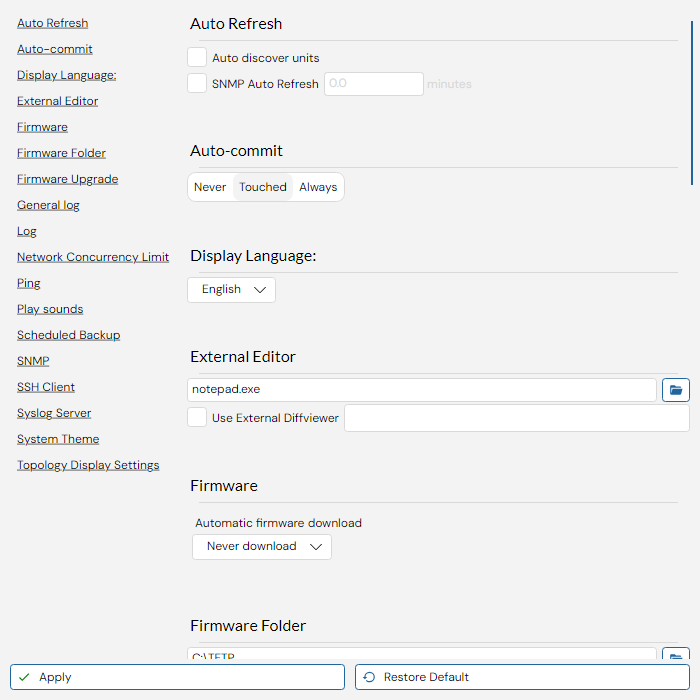 Settings interface
