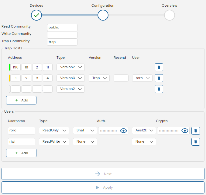 Depicted is an overview of the WeConfig SNMP configuration tab