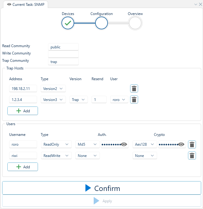 Depicted is an overview of the WeConfig SNMP configuration tab