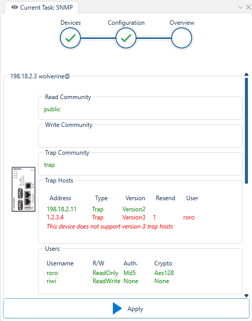 Depicted is an overview of the WeConfig SNMP overview tab