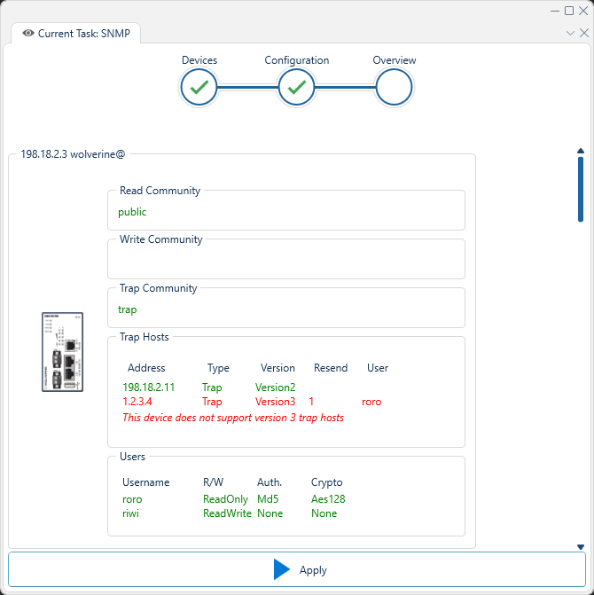 Depicted is an overview of the WeConfig SNMP overview tab