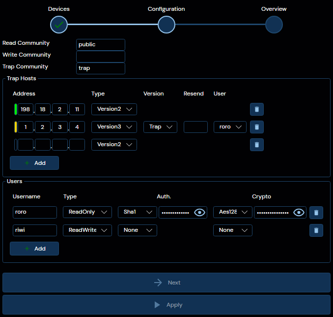 Depicted is an overview of the WeConfig SNMP configuration tab