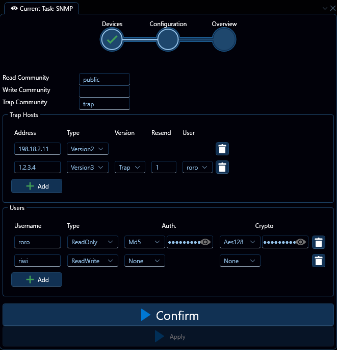 Depicted is an overview of the WeConfig SNMP configuration tab