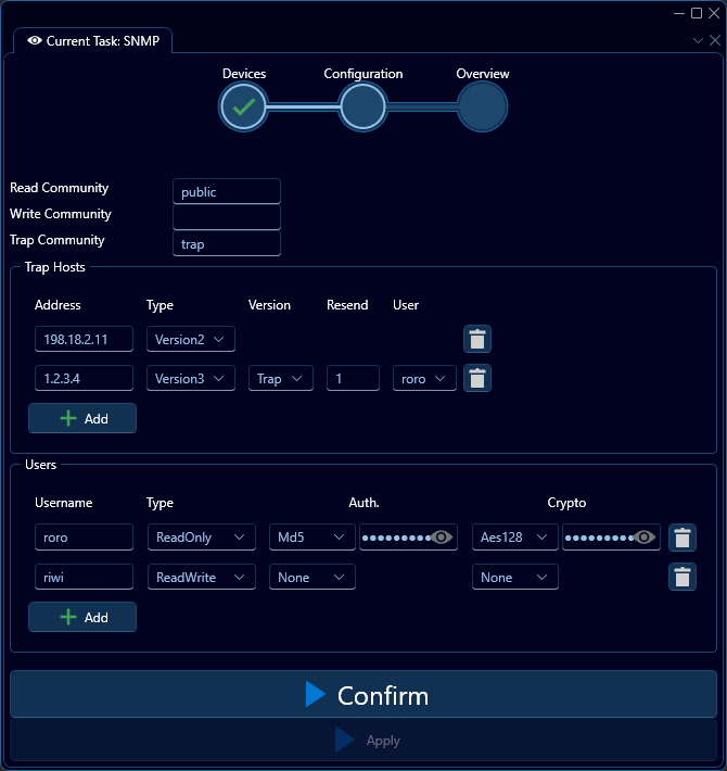 Depicted is an overview of the WeConfig SNMP configuration tab