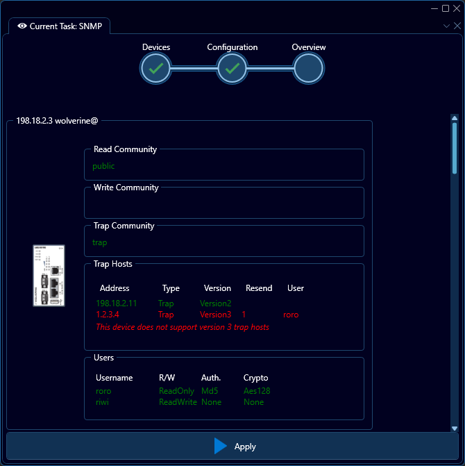 Depicted is an overview of the WeConfig SNMP overview tab