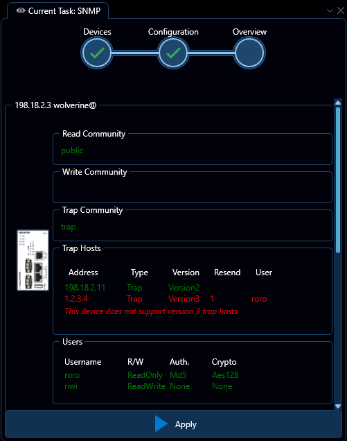 Depicted is an overview of the WeConfig SNMP overview tab