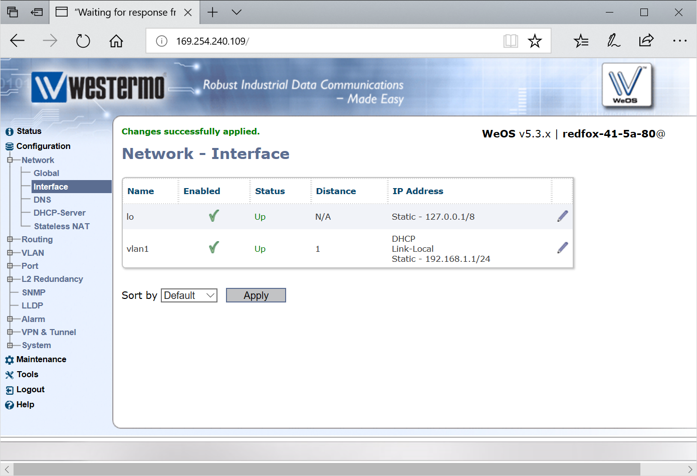 WeOS Interface Overview Configuration Page with Static IP